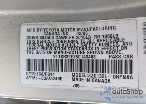 2003 Toyota Matrix Xr from USA, damaged, VIN 2T1KR32E23C143468